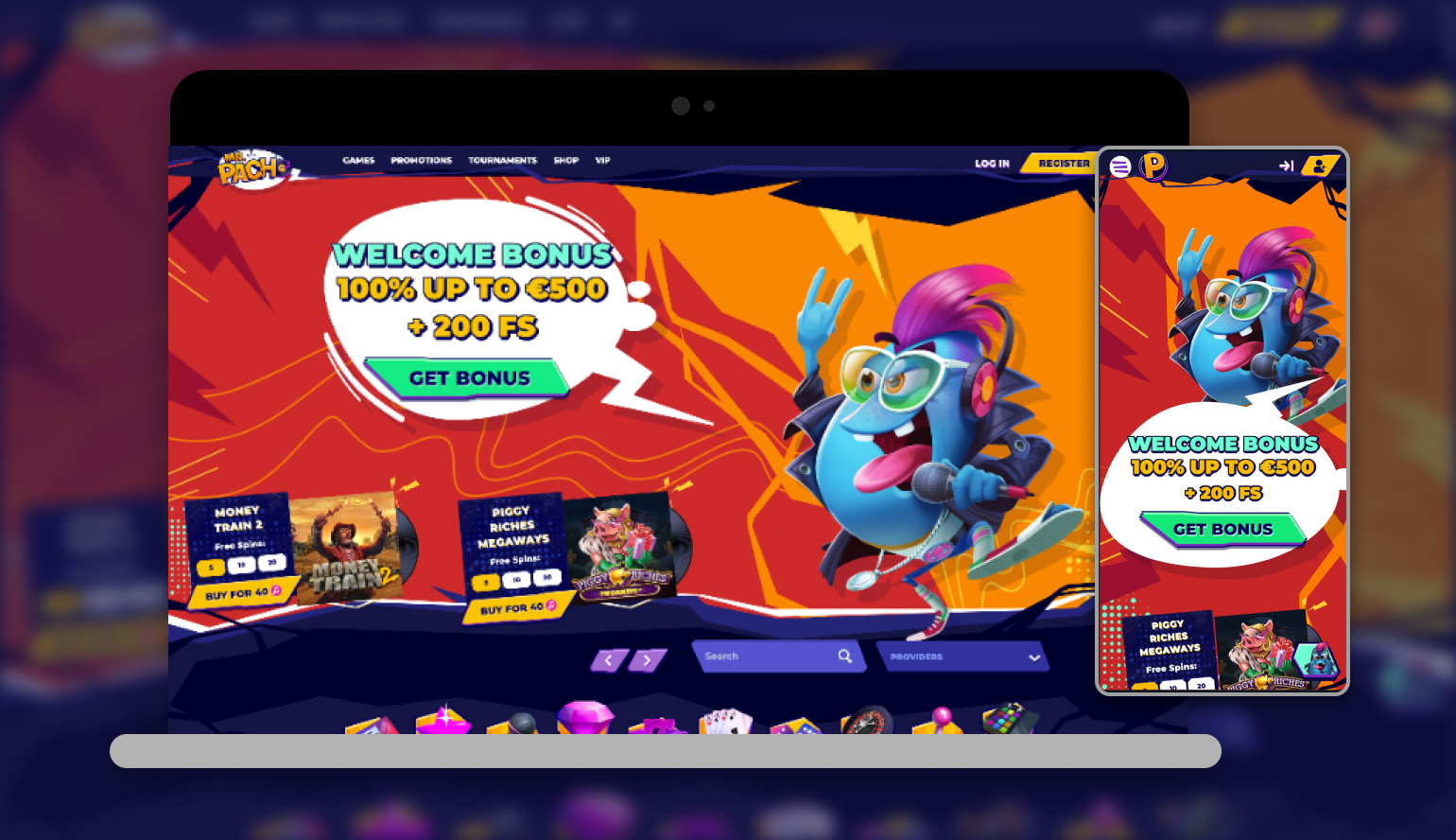 A laptop and tablet side by side, both displaying the same game page on their screens.